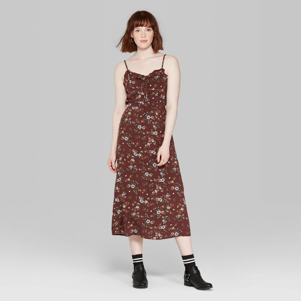 Floral Print Strappy Tie Front Midi Slip Dress